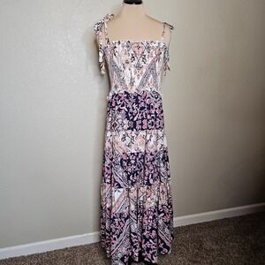 NWT Abel The Label Pink Floral Pastel Zodiac Smocked Maxi Dress Tie Shoulder M